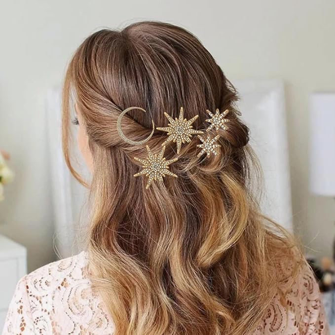 6 Pieces Rhinestone Stars Moon Hair Clips Vintage Star Hairpins Crystal Decorative Bobby Pins Metal Alloy Hair Pins Snowflake Side Clip Hair Accessories for Women Girls (Gold)