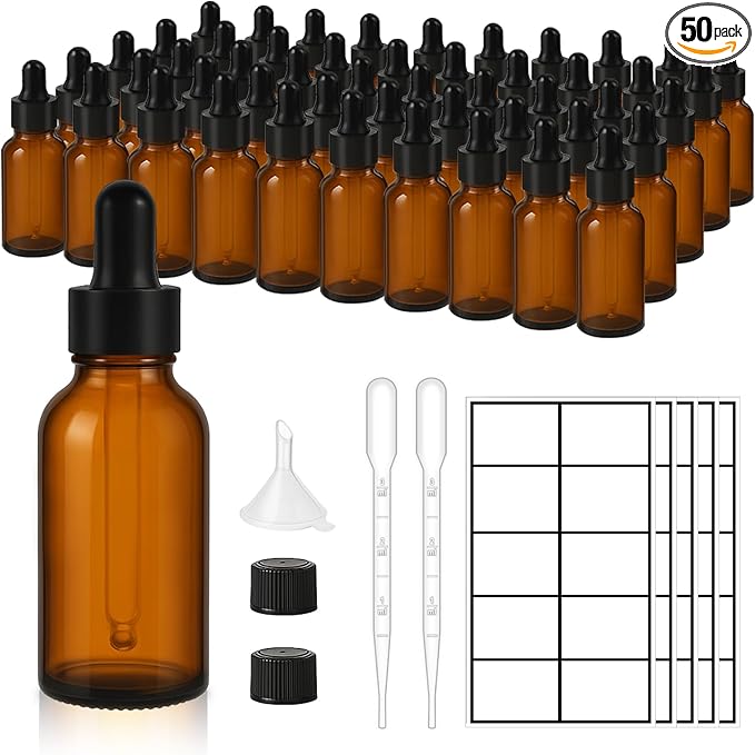 50 Pack 1oz Amber Glass Dropper Bottles Leakproof with Funnels, Eye Droppers, Extra Caps, Labels - Refillable UV 30ml Empty Bottles for Tinctures, Essential Oils, Perfume, Beard, Hair Oil