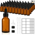 50 Pack 1oz Amber Glass Dropper Bottles Leakproof with Funnels, Eye Droppers, Extra Caps, Labels - Refillable UV 30ml Empty Bottles for Tinctures, Essential Oils, Perfume, Beard, Hair Oil
