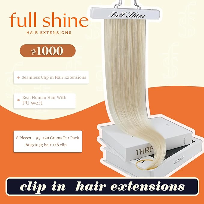 Full Shine Clip in Hair Extensions Real Human Hair Blonde Seamless Hair Extensions Clip in Ice Blonde Invisible Hair Extension for Short 12 Inch 8 PCS 95 G