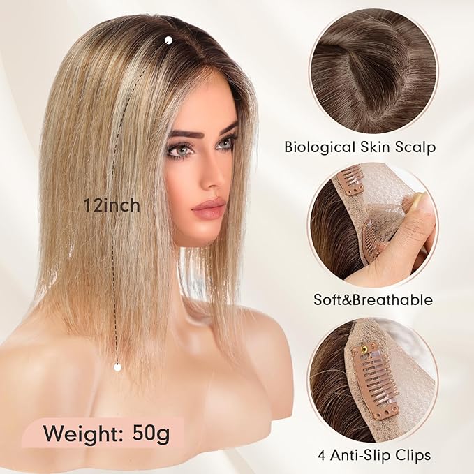 starluck Hair Toppers for Women Real Human Hair, 5"*5.5"Large Coverage Brown with Blond Highlight HairTopper No Bangs,100% Real Human Hair Toppers for Women with Thinning Hair,Cover Gray HairRoots