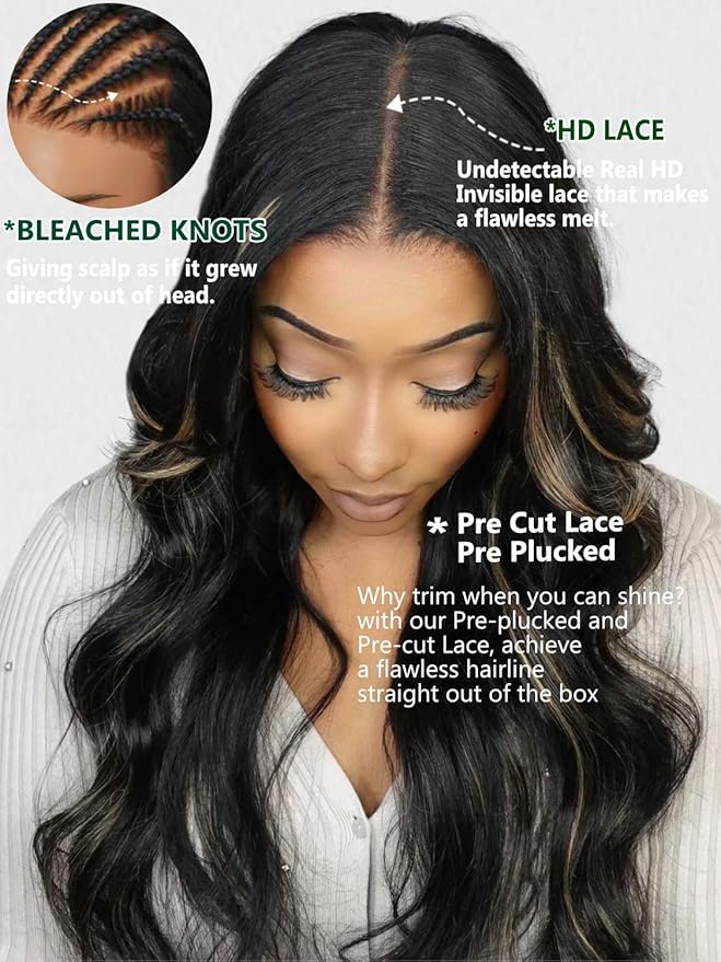 KLAIYI Bye Bye Knots Wear and Go Glueless Wig Highlight Blonde Body Wave 7x5 Precut HD Lace Front Wig Human Hair Pre Bleached Pre Plucked Ombre Wig with Dark Roots Chocolate Brown Ready to Wear 14Inch