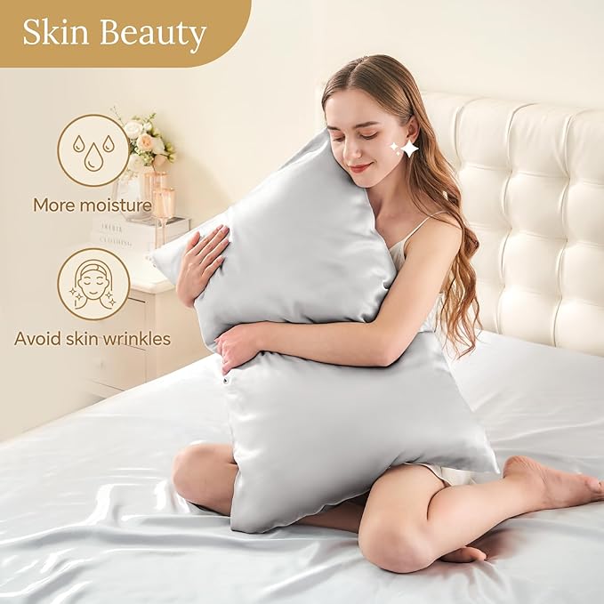 INFIIXSO Mulberry Silk Pillow Cases King Size Set of 2, Silk Pillowcase with Hidden Zipper 20"x36", Extraordinary Smooth and Soft Pillow Case for Hair and Skin(Light Grey, 2 Pack)