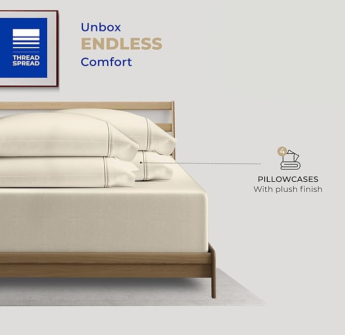 THREAD SPREAD 100% Cotton Pillowcases Standard/Queen Size Set of 4-400 Thread Count Cotton Pillowcases, Ultra Soft Cool Sateen Weave Pillow Cases for Sleeping, Set of 4 Pillow Covers (Ivory)