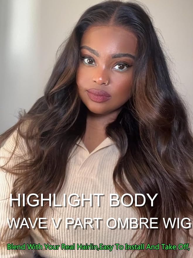 YIROO V Part Wig Human Hair Highlight Chestnut Brown Ombre Body Wave Human Hair Wig No Leave Out 12A Glueless Upgrade U Part Wigs Clip in Half Wig No Glue No Sew Beginner Friendly 150% Density 16inch