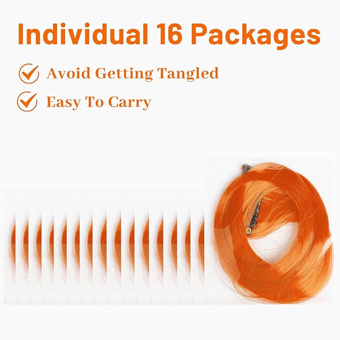 16 Pcs Colored Hair Extensions Curly Wavy Clip in Synthetic Hairpiece Streak for Girls Women Kids, Colorful Christmas New Year Party Highlights Cosplay Festival Gift(Orange)