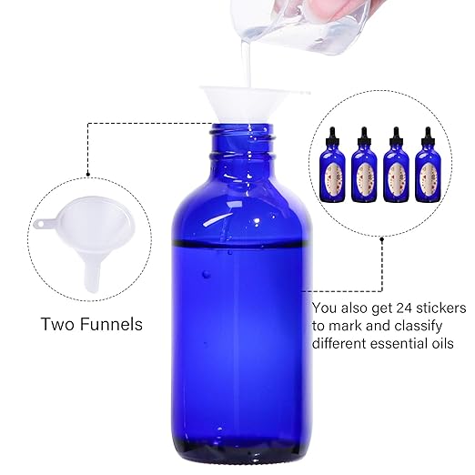 12 Pack 4oz Cobalt Blue Glass Bottles with Glass Eye Droppers for Essential Oils, Perfumes & Lab Chemicals (Brush, Funnels, 2 Extra Droppers, 24 Pcs Labels & 30ml Measuring Cup Included)
