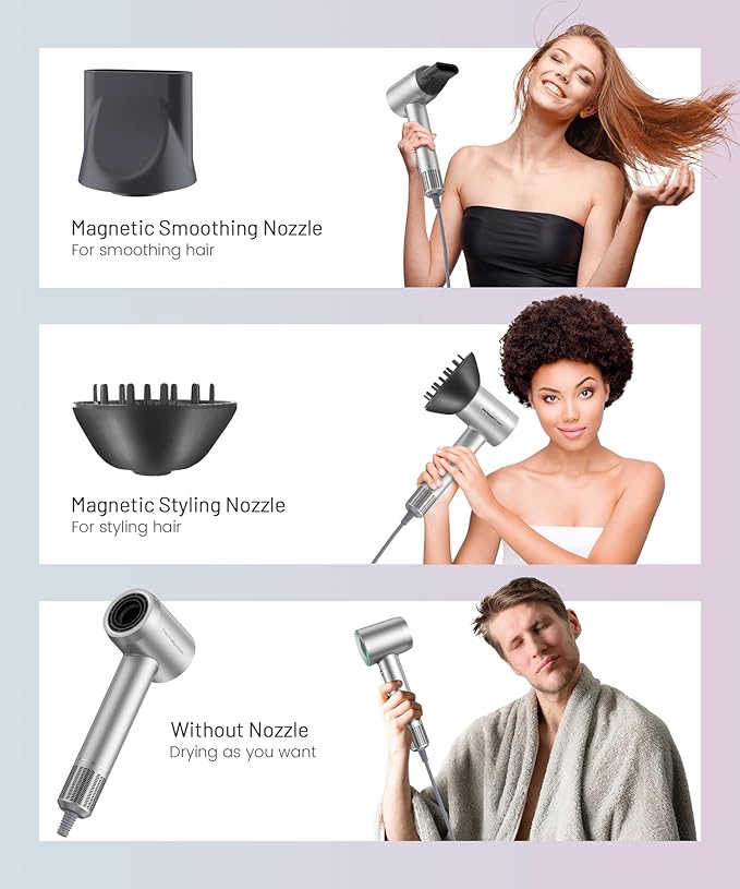 Cosy Companions Hair Dryer - 150000 RPM High-Speed Brushless Motor Negative Ionic Blow Dryer for Fast Drying, Low Noise Thermo-Control Hair Dryer with Diffuser and Nozzle, Silvery