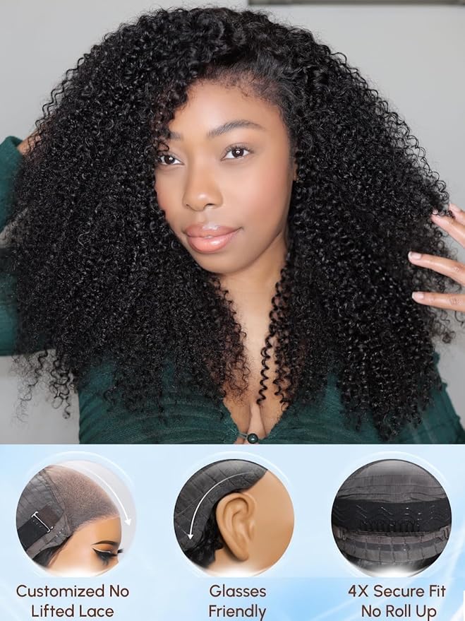 Julia Hair Bye Bye Knots 4C Kinky Curly Glueless Natural Hair Wig 7x5 Pre Cut HD Lace Front Kinky Edges Hairline Wig Pre Bleached Pre Plucked Virgin Hair with Baby Hair for Black Women 20 Inch