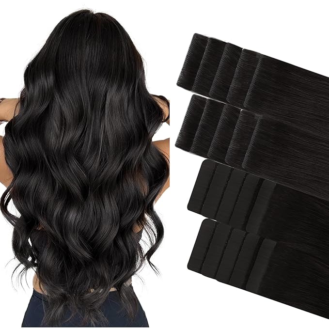 GOO GOO Invisi Edge Tape in Hair Extensions Human Hair, 1B Natural black 10pcs injected with 10pcs classical tape ins, 20inch 50g, Virgin Remy Hair, Natural Look