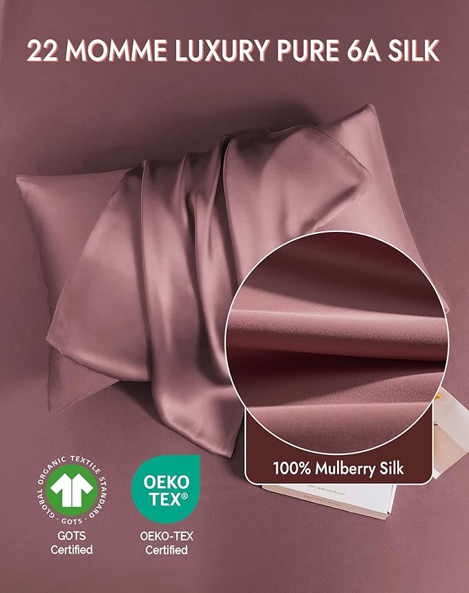 SilkSilky 100% Mulberry Silk Pillowcase - Pure 22 Momme High-Grade 6A Fibers for Hair & Skin, Envelope Closure, Natural, Organic, Breathable & Cooling Pillow Case (Queen, Pale Mauve)