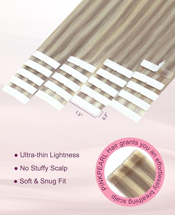 Pinkpearl Invisible Tape in Hair Extensions Human Hair, 20pcs 22inch 60g #18P60 Ash Blonde Highlighted Platinum Blonde Injection Tape in Extensions Real Remy Seamless Human Hair Injected