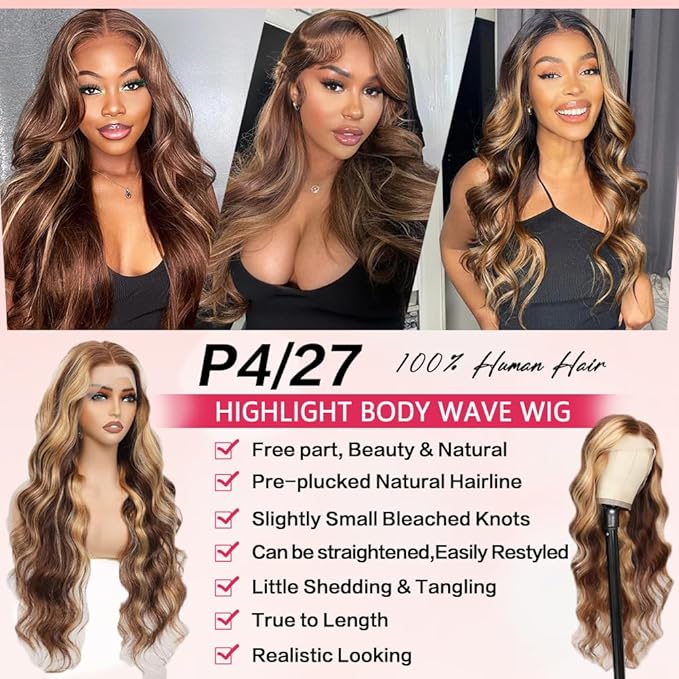 Highlight Body Wave Lace Front Wigs Human Hair 180 Density Honey Blonde 13x6 HD Lace Frontal Wigs Pre Plucked with Baby Hair Ombre Glueless Wigs Human Hair for Women 26Inch