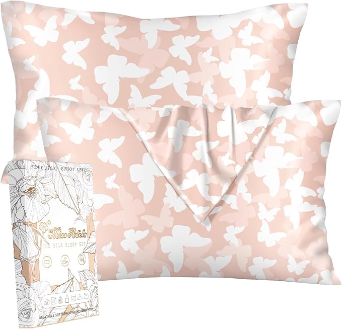 2 Pack Mulberry Silk Pillowcase for Hair and Skin - Standard Size 20 x 26 Inches with Hidden Zipper PK Butterfly 19 Momme Soft Sleeping Silk Pillow Case for Women, Moms