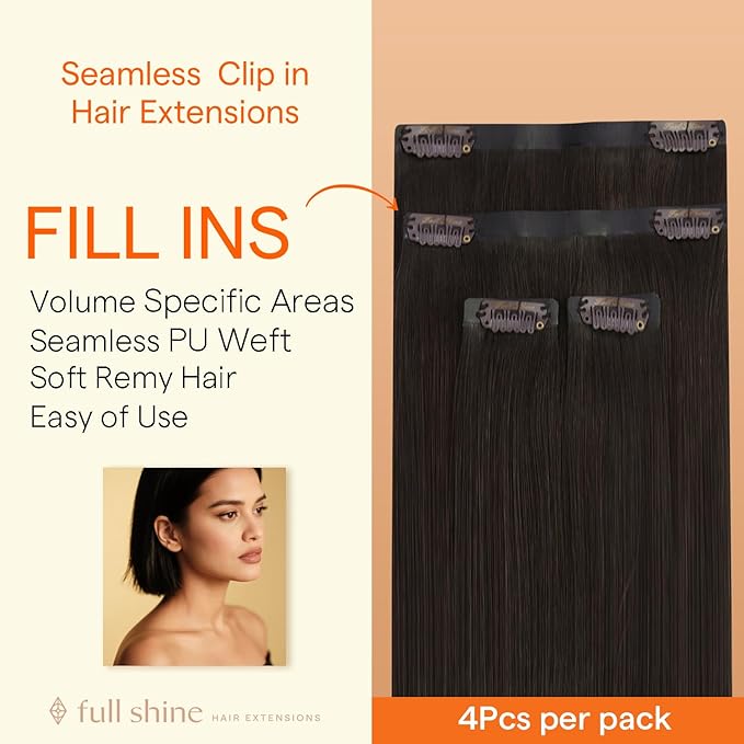 Full Shine Dark Brown Seamless Clip in Hair Extensions Human Hair, 12Inch Hair Extensions for Women, Fill ins Invisible PU Skin Weft Clip ins for Thin Hair Add Thickness, 4Pcs12inch 55Grams