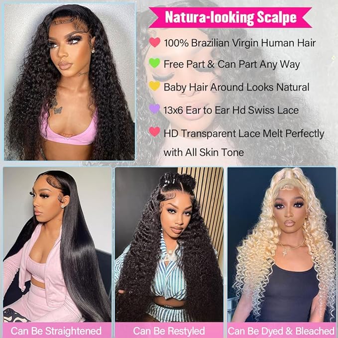 40 Inch Deep Wave Lace Front Wigs Human Hair 13x6 HD Lace Frontal Wigs for Women 200% Density Curly Human Hair Wigs Pre Plucked with Baby Hair Glueless Wigs Natural Color
