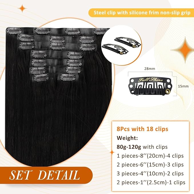 Full Shine Human Hair Clip in Extensions Jet Black Invisible Clip in Hair Extensions Black Remy Human Hair with PU Weft Full Head Ease of Use 16 Inch 8 PCS 120 Grams