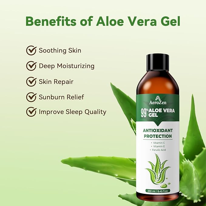 Aero Zen 99% Natural Aloe Vera Gel | Daily Hydration & After-Sun Relief | Lightweight Alcohol-Free Formula, Deeply and Quickly Soothes Skin, Suitable for Face/Body/Hair - 8.45 fl oz