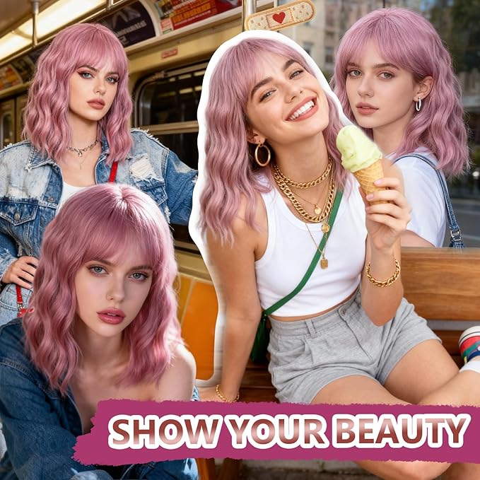Pink Wig With Bangs Wave Bob Wigs for Women 14 Inch Short Loose Wavy Heat Resistant Synthetic Wig Shoulder Length Hair for Daily and Cospaly Party Use