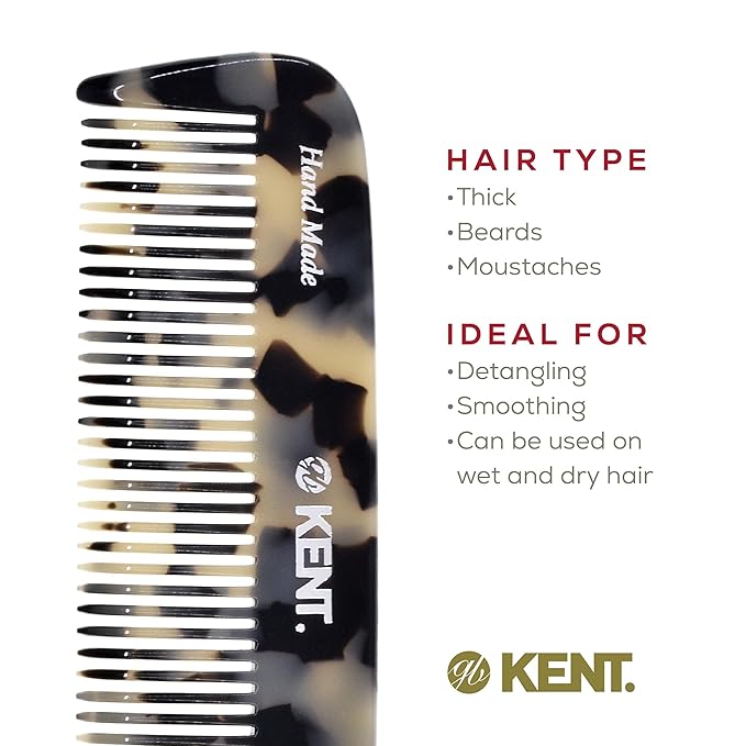 Kent 12T TW Pocket Comb - Handmade Wide Tooth Hair Comb for Men, Women, and Kids - Travel, Beard, and Mustache Comb - Saw Cut and Hand Polished Made in England