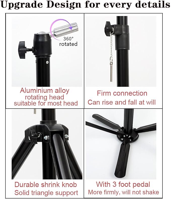 Upgraded Wig Stand Tripod, 55" Heavy Duty Reinforced Adjustable Mannequin Head Stand Tripod for Styling Cosmetology Hairdressing Training, Metal Wig Head Stand Holder with Wig Caps,Paddle Comb T-Pins (55" Black Tripod with Pedal)