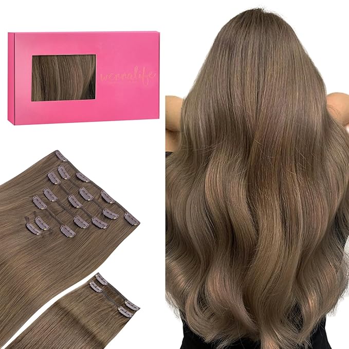 WENNALIFE Clip in Hair Extensions, 150g 16 Inch 9pcs Light Ash Brown Human Hair Extensions Thicker Clip in Hair Extensions Real Human Hair Clip Set Double Weft