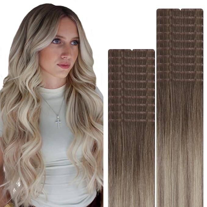 VINBAO Invisi Edge Tape in Extensions Real Human Hair 60g 20pcs Balayage Ash Brown and Blonde Mixed with Ash Blonde Seamless Injection Tape in Hair Extensions 22inch #8/60/18