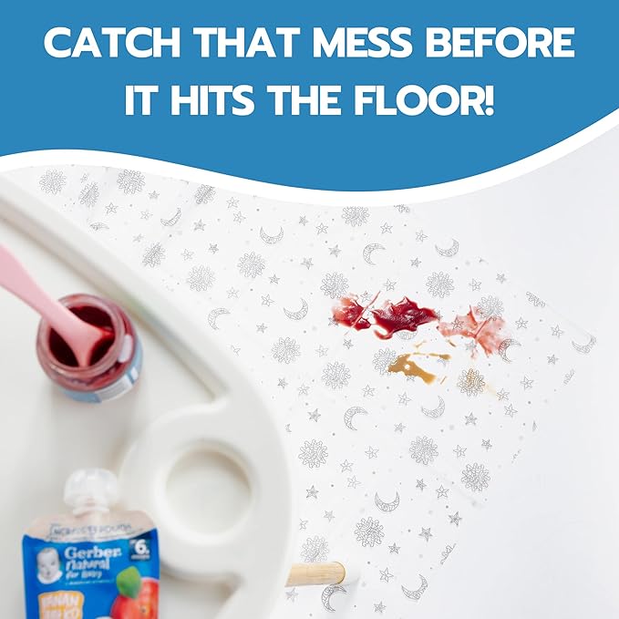 30 Pack Disposable Splat Mats by Eli with Love - Extra Large 49"x49" 100% Waterproof Baby Splat Mat for Under High Chair - Plastic Mat Liner for Floor - Protect from Spills (Moon & Stars, 30 Pack)