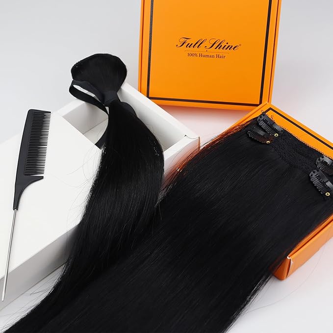 Full Shine 10 Inch Clip in Hair Extensions Jet Black Clip in Human Hair Extensions Straight Seamless Human Hair Clip ins for Thin Hair 3 Pcs 60 Grams