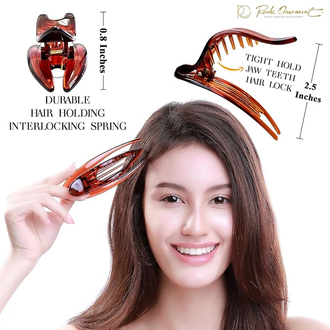 RC ROCHE 6 Pcs Flat Hair Clips Big Claw for Thick Hair French Duckbill Women No Slip Side Slide Curved Alligator Concord Strong Grip Hold Volume Lay Down Clamp, Small Brown