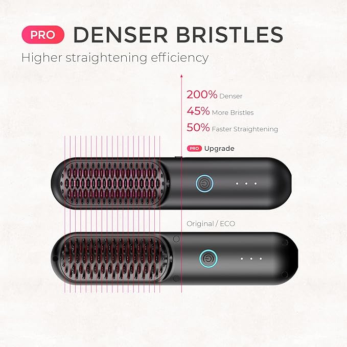 TYMO Cordless Hair Straightener Brush - Porta PRO Portable Straightening Brush for Travel, Mini Ionic Hot Comb Straightener for Women, Lightweight on-The-go, Cordless & Fast Charger Dual Power, Black