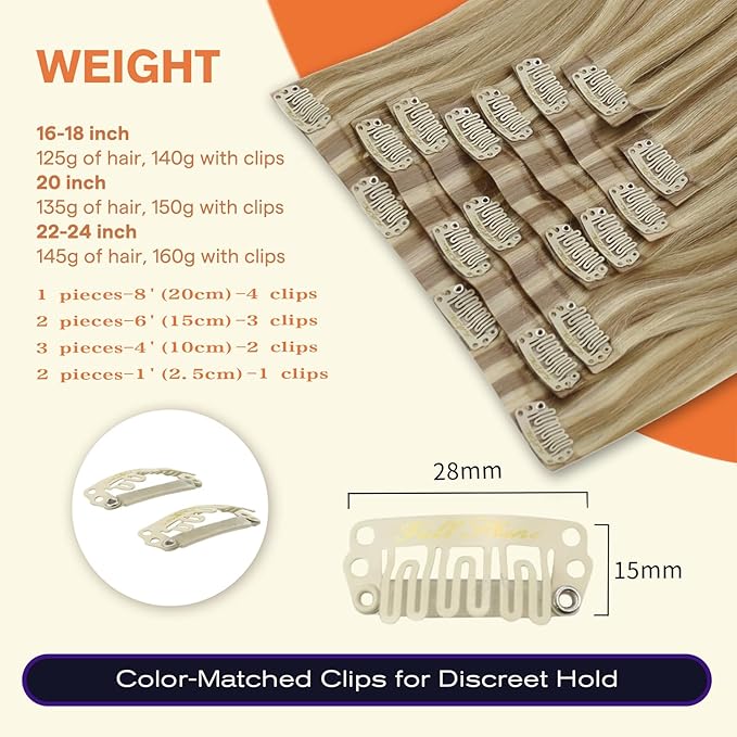 Full Shine Clip in Hair Extensions 24 inch 160g 8Pcs Seamless Clip in Hair Extensions Dark Blonde Mix Light Blonde Remy Hair Clip ins for Women