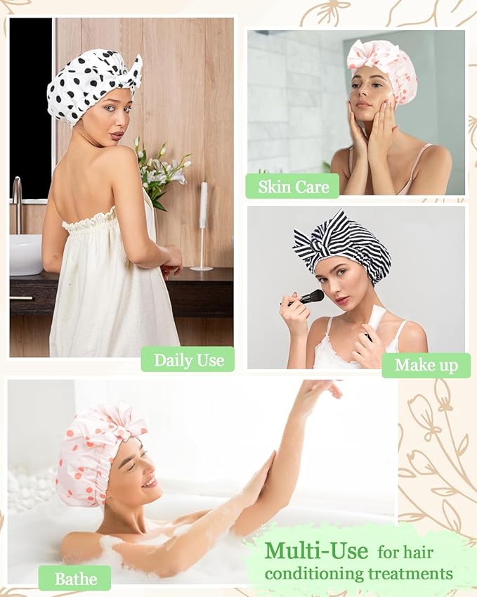 Shower Cap Luxury Shower Caps for Women Reusable Waterproof Hair Cap for Shower with Adjustable Bowknot Hair Bath Cap (Pink)