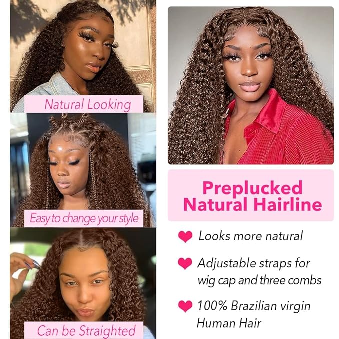 250% Density Curly Human Hair wig 13x6 Auburn Brown Mongolian Deep Transparent Lace Front Wigs for Women With Baby Hair Chocolate Curly Lace Front Wig 24 Inch