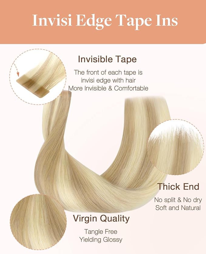 GOO GOO Invisi Edge Tape in Hair Extensions Human Hair, 18A/613A Dark Blonde Highlighted Bleach Blonde 10pcs injected with 10pcs classical tape ins, 24inch 50g, Virgin Remy Hair, Natural Look