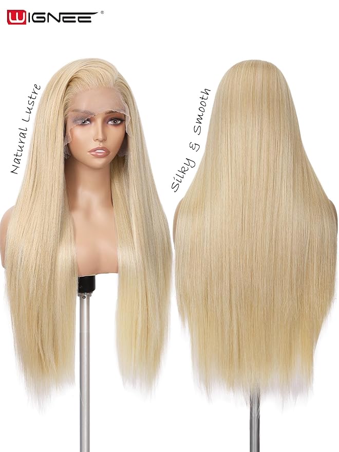 WIGNEE 13x6 Synthetic Lace Front Wig 28" Blonde Wig Pre-Plucked Handmade Lace Front Wigs with Kanekalon Futura Hair Voluminous Long Straight Synthetic Wigs for Daily Party Use