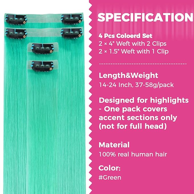 Lashey Seamless Clip in Hair Extensions Human Hair 4pcs 37g Green 14 Inch Straight Hair Extensions Clip ins with PU Soft Invisi Edge