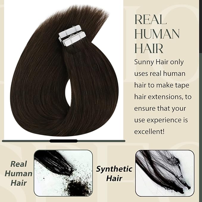 Sunny Hair Tape in Hair Extensions Real Human Hair Invisible Remy Hair Extensions Tape ins for Women Darker Brown 18 inch 20Pcs 50G