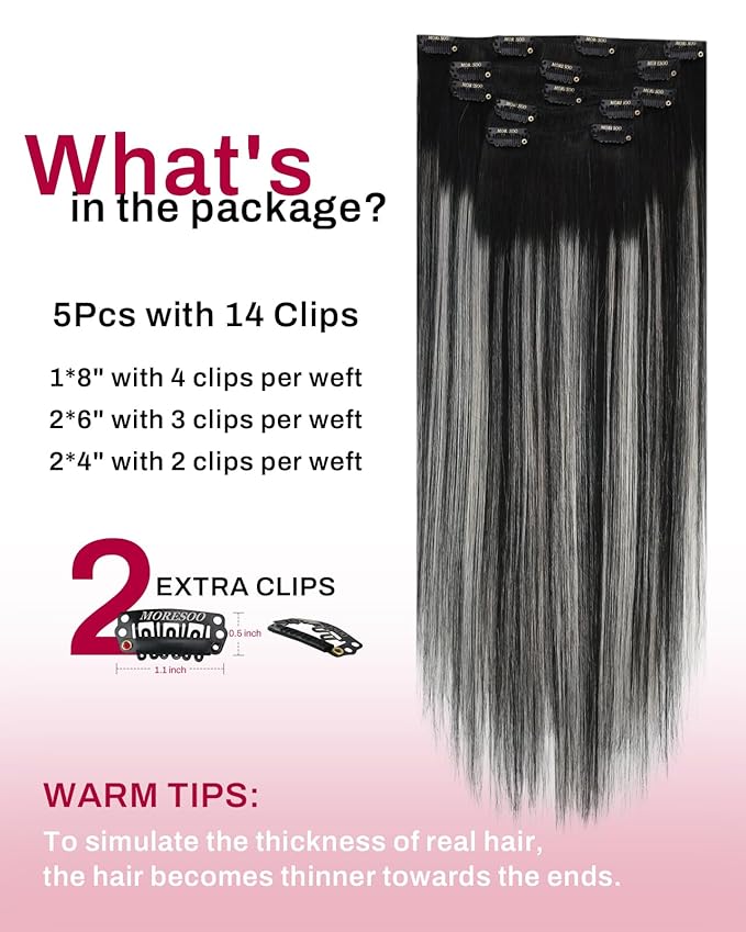 Moresoo Clip in Hair Extensions Real Human Hair Double Weft Human Hair Clip in Extensions Straight Ombre Balayage Black Mixed with Silver Grey 5pcs 80g 18inch