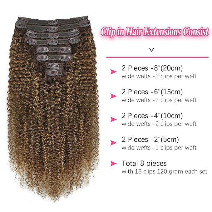 Kinky Curly Clip in Hair Extensions Real Human Hair 4/27/4 Omber Kinky Curly Clip ins For Women 3c 4a Brazilian Virgin Clip on Hair (20inch,#4/27/4)