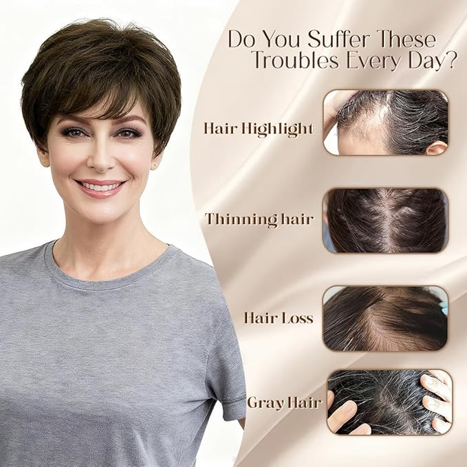Short Hair Topper for Thinning Hair 4 Inch Short Pixie Cut Toppers Pieces Natural Curly Synthetic Wiglets Hairpieces (Dark Golden Brown, 4 inch)