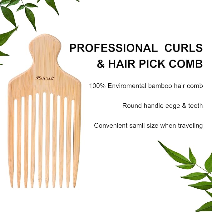 Bamboo Hair Pick for Curly Hair, Premium Wooden Wide Tooth Detangling Comb with Ergonomic Handle, Natural Volume & Styling Tool for Men Women, Fine or Thick Beard Pick