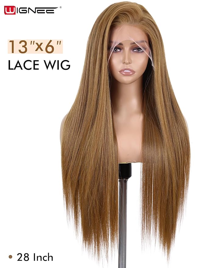 WIGNEE 13x6 Synthetic Lace Front Wig 28" Mixed Brown Wig Pre-Plucked Handmade Lace Front Wigs with Kanekalon Futura Hair Voluminous Long Straight Synthetic Wigs for Daily Party Use