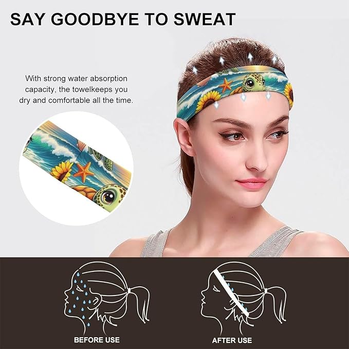 Sunflower Beach Turtle Headbands for Women, Men Elastic Soft Hair Bands for Workout, Yoga, Running, Fitness