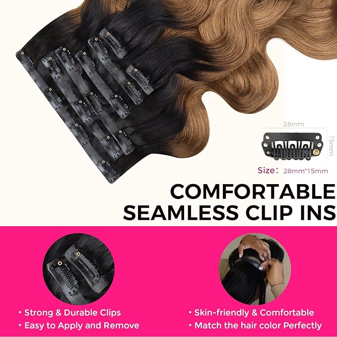 Lashey Seamless Clip in Hair Extensions Human Hair Ombre Natural Black to Medium Auburn 110g 7pcs 22 Inch Clip in Hair Extensions for Women Body Wave Remy Human Hair Extensions