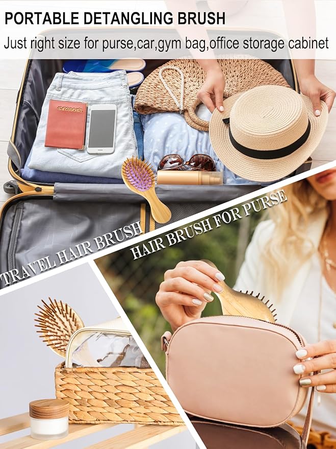Mini Hair Brush, Travel Bamboo Bristle Detangle Hair Brush for Women - Small Portable Compact HairBrush for Girls Kids, Travel Size Brush for Purse, Car, Vacation, Traveling & Going out