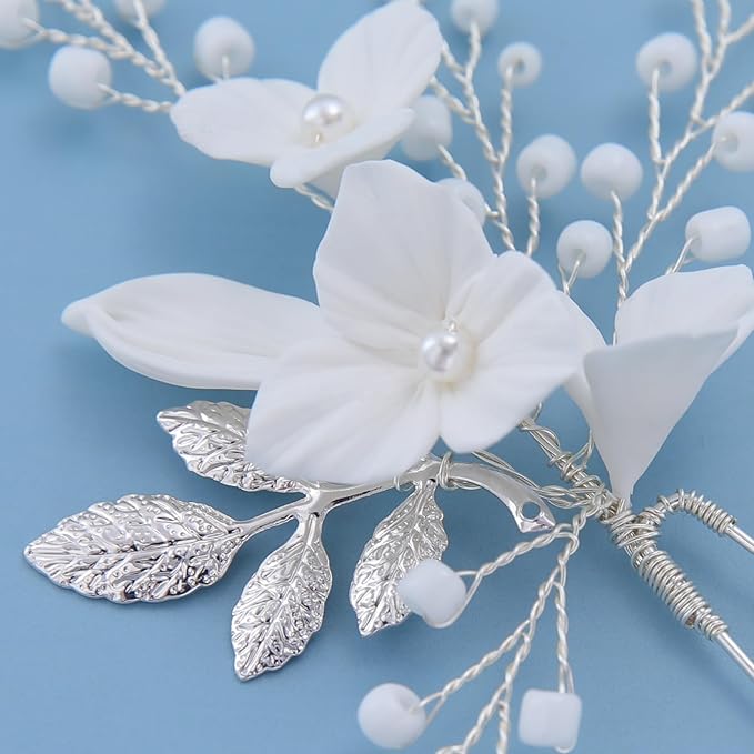 Flower Bridal Hair Pins Pearl Bride Wedding Hair Pieces Leaf U Shaped Hair Accessories Headpiece for Wedding Brides Women Girls（6 PCS） (Silver/Beads White Flower)