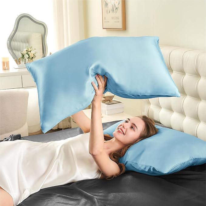 INFIIXSO Silk Pillow Cases 2 Pack Standard Size, Ultra Smooth & Soft Mulberry Silk Pillow Case for Hair and Skin, Breathable Cooling Silk Pillowcase with Hidden Zipper (Light Blue, 20x26 Inches)
