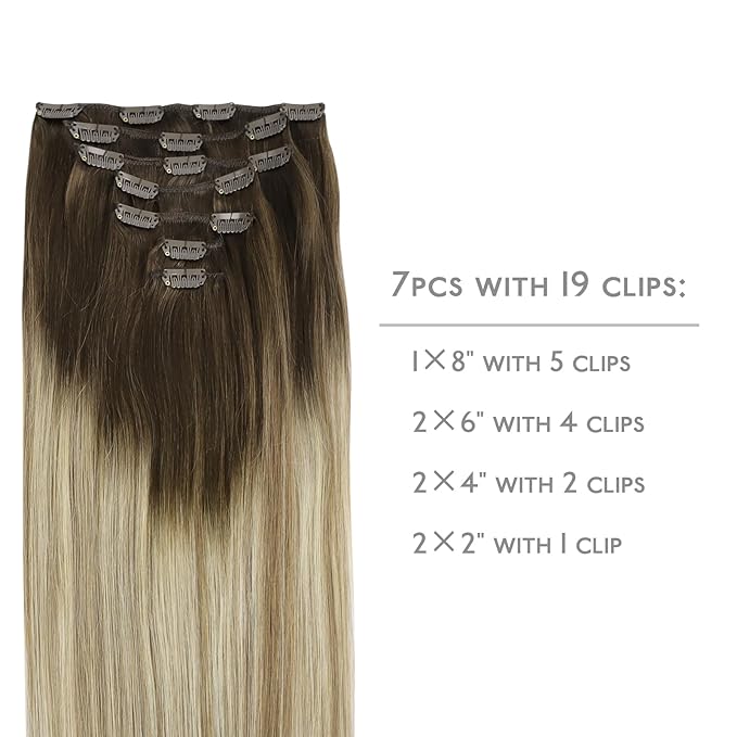 WENNALIFE Clip in Hair Extensions Real Human Hair, 18 Inch 120g 7pcs Ombre Walnut Brown to Ash Brown and Bleach Blonde Clip in Human Hair Remy Clip in Hair Extensions Real Human Hair Double Weft