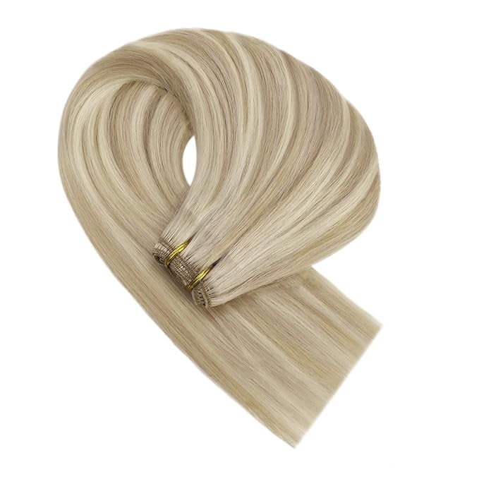 YoungSee 100G Sew in Hair Extensions Real Human Hair Blonde Highlight Weft Hair Extensions Warm Ash Blonde Highlights Bleach Blonde Human Hair Weft Extension for Short Hair 14Inch